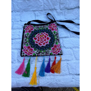 Hippie Boho Black Floral Crossbody Bag